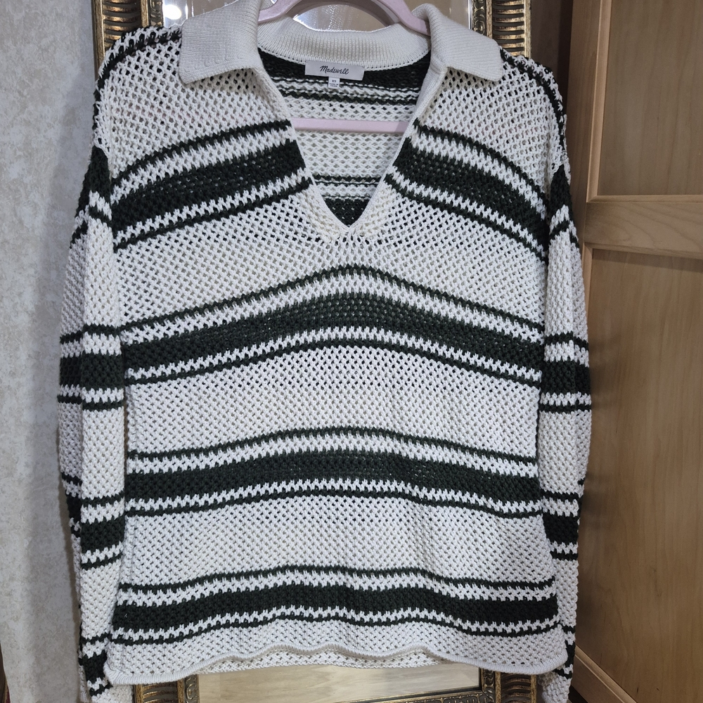 Striped V-Neck Sweater - Black and White